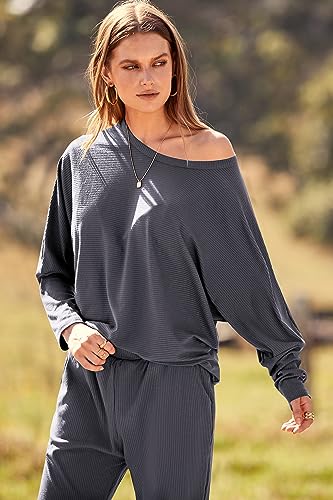 PRETTYGARDEN Women's Fall 2 Piece Lounge Set Long Sleeve Tops Ribbed Pants Spring Matching Sweatsuit Travel Outfits Clothes