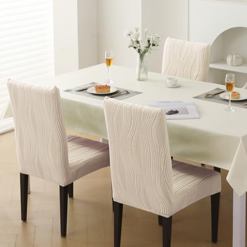 Image of HOKIPO 200 GSM Premium Knitting Jacquard Elastic Dining Table Chair Cover Set of 1, 'Nestiva Series' Skimmed Cream (AR-6072-CRM)