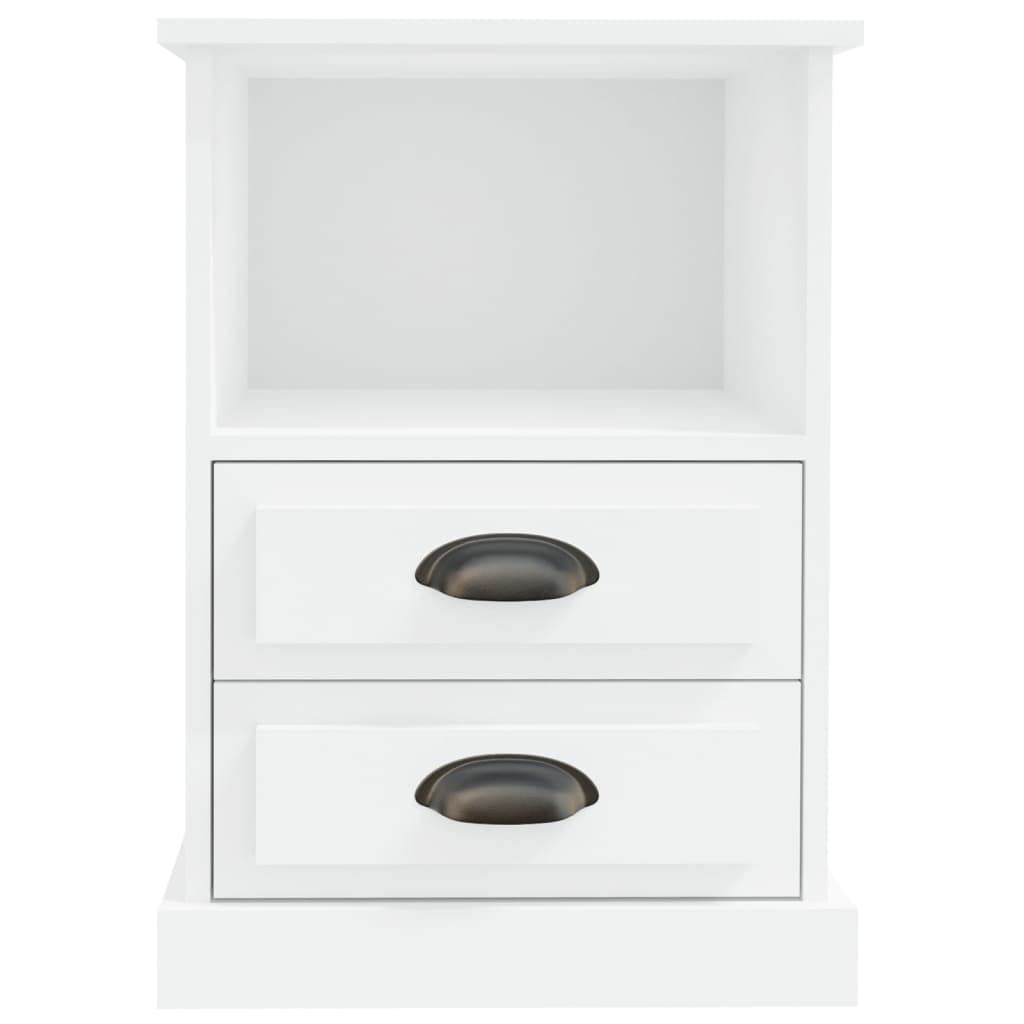 Comodino bianco in legno multistrato 43x36x60 cm con 2 cassetti e scomparto aperto, mobiletto salvaspazio per camera da letto soggiorno ufficio, design moderno e robusto
