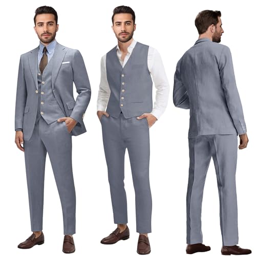 Wemaliyzd Mens 3 Piece Suit Linen Casual Lightweight Sport Coat Vest Expandable Waist Pants3