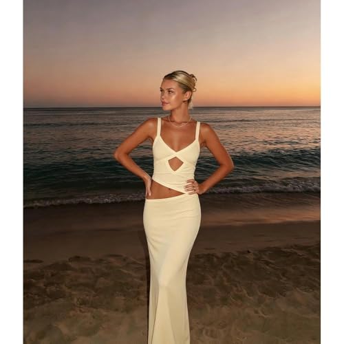 Image of Women Sexy Maxi Dress Cut Out V Neck Spaghetti Straps Bodycon Long Dress Summer Party Cocktail Wear