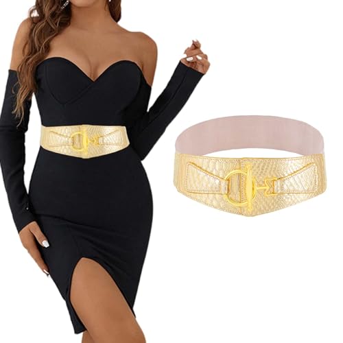 Tgirls Women's Elastic Belt Vintage Wide Waist Belts Gold O-Ring Buckle Stretch Belt for Women Dresses
