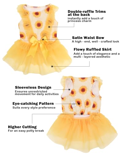 Image of CuteBone Sunflower Tutu Pet Dress for Small Dogs, Cats - Double-Layer Yellow Tulle Skirt - Back Satin Bow - Summer Party, Photo Shoot Dress