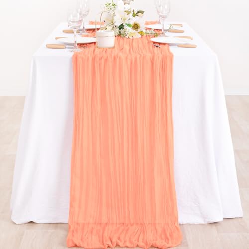 Image of MLMC 2 Pack Peach Pink Cheesecloth Table Runner 10ft Sheer Gauze Coral Cheese Cloth Table Runner Summer Dinning Decoration 35x120 Inches for Wedding Bridal Baby Shower Party Decor