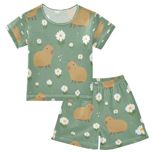 Capybara Daisy Pattern Kids Pjs Set Boys Girls Summer Short-Sleeve Sleepwear Pajamas 2PCS