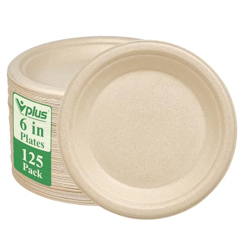 Vplus 125 Pack 6 inch Paper Plates 100% Compostable Heavy-Duty Disposable Paper Plates Bagasse Natural Biodegradable Eco-Friendly Sugarcane(Nature)