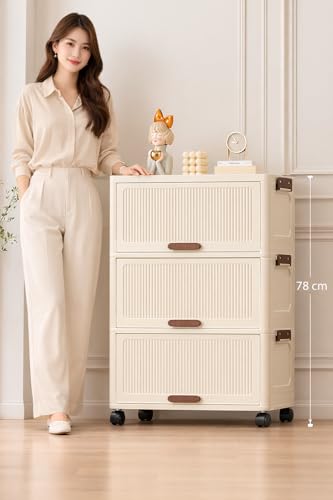 Image of House of Quirk 3-Tier Storage Cabinet with Wheels - Durable Plastic Foldable Wardrobe Organizer with Multiple Compartments, Perfect for Bags, Clothes, and Living Room Storage (Cream)