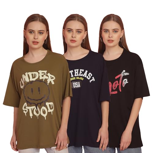 Image of Mack Jonney Printed Round Neck Cotton Regular Fit Oversize Half Sleeves Tshirt for Women(Pack of 3)-MACK631145