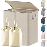 Lifewit Double Laundry Hamper with Lid and Removable Laundry Bags, Large Collapsible 2 Dividers Dirty Clothes Basket with Handles for Bedroom Laundry Room Closet Bathroom College, 136L Beige