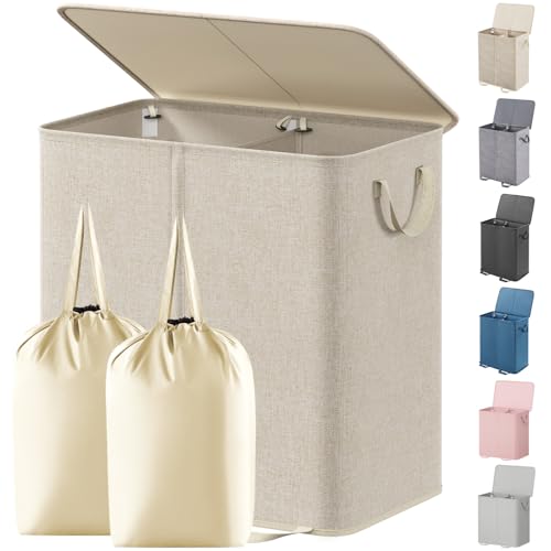 Lifewit Double Laundry Hamper with Lid and Removable Laundry Bags, Large Collapsible 2 Dividers Dirty Clothes Basket with Handles for Bedroom, Laundry Room, Closet, Bathroom, College, Beige by Lifewit - Used condition - CA$30.54