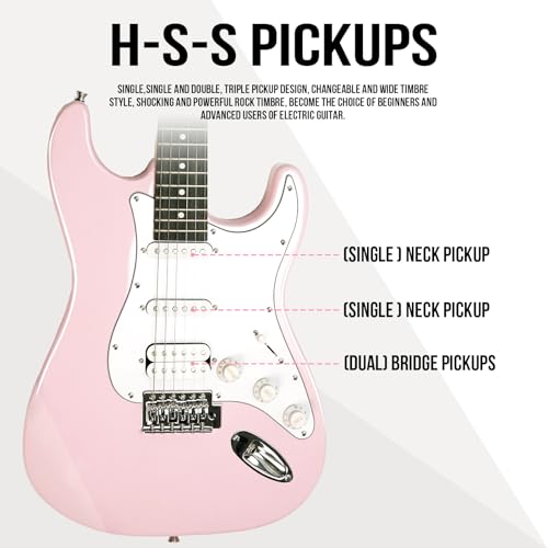 soulmate 39 inch full size electric guitar starter kit for beginners solid body hss pickups with 15w amp gig bag capo strap strings cable picks right-handedpink