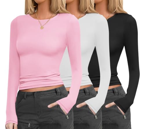 Image of Ekouaer Womens 3 Pack Long Sleeve Shirts Fitted Tops Underscrub Undershirt