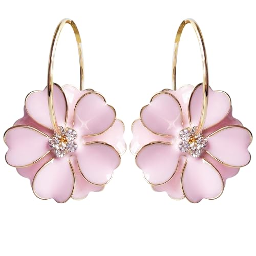 Navachi 18k Gold Plated Light Pink Enamel Flower Crystal Hoop Az2426e Earrings(dia. 3cm)