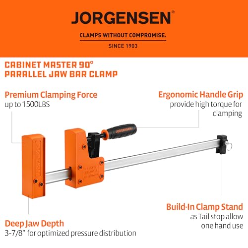 Image of Jorgensen 18-inch Bar Clamps Set, 2-pack 90 Parallel Clamps Cabinet Master, Steel Jaw Bar Clamp for Woodworking, 1500 lbs Load Limited
