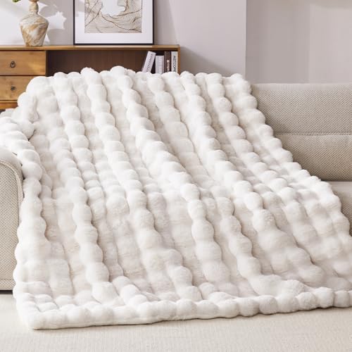 Faux Fur Throw Blanket, 1000GSM Fluffy Soft Bubble Blanket for Couch Bed, Cozy Plush Warm and Thick Blanket, Fuzzy Rabbit Lola Throw for Living Room Bedroom 50''*60'' White