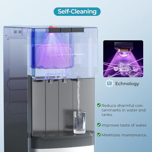 Image of EUHOMY Self Cleaning Bottom Loading Water Dispenser for 3 or 5 Gallon Bottles, Hot Cold and Room Water Cooler with Child Safety Lock, LED Indicator, Empty Bottle Alert, Home Office Apartment, Black