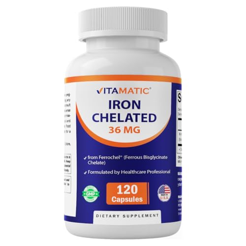 Vitamatic Chelated Iron 36 mg (from Ferrochel Ferrous Bisglycinate Chelate) Non-Constipating - 120 Veg Capsules - Non GMO Gluten Free Made in USA