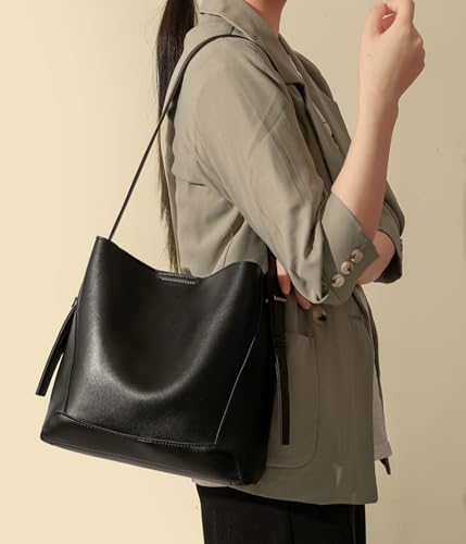 Image of Women's Trendy Tote Bag Vegan Leather Shoulder Crossbody Purse Large Bucket Handbag Soft Top Handle Satchel