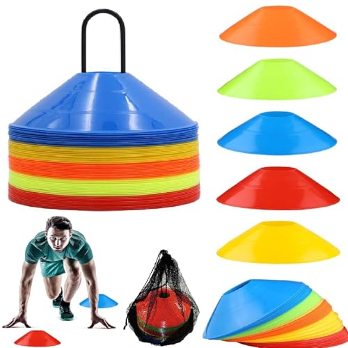 Kiuiom Cones de marcação, cones de futebol multicoloridos, jogo cones de futebol, acessórios de futebol para treino desportivo pista e campo basquetebol com suporte de armazenamento, bolsos de malha,