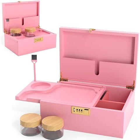 Pink Bamboo Wooden Stash Box with Lock Cover