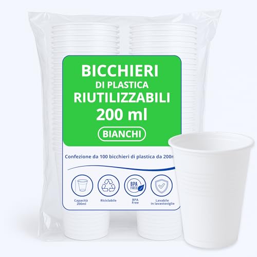 CUCY Bicchieri Plastica Bianchi 200ml 100pz Riutilizzabili (fino a 50 Lavaggi) Lavabili in Lavastoviglie Senza BPA Impilabili Per Acqua Cocktail Birra Ideali per Feste Buffet Ufficio Bar Catering