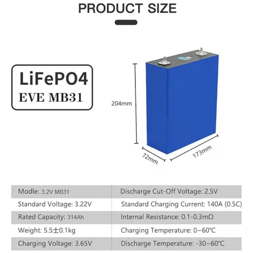 Image of EVE LiFePO4 Cell 3.2V 314Ah MB31 330Ah Grade A Battery Deep Cycle Lithium Iron Phosphate Rechargeable Battery with QR Code,M6 Nuts and Bus Bars