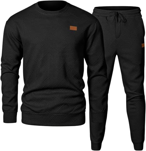 PADOLA Conjunto de Sudadera sin Capucha y Pantalones Largos para Hombre 2 Piezas Traje de Chándal Casual Punto Jacquard(XL,Negro)