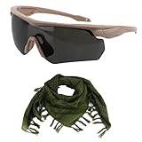 ToopMount Sportbrille und Schal, Schießbrille mit khakifarbenem Rahmen und 3 austauschbaren Gläsern + grüner Baumwollschal (Wüsten-Keffiyeh) für Kopf und Hals.