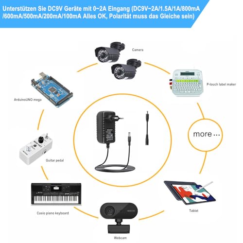 [Polarität veränderbar] 9V Netzteil DC9V 2A 1A Ladegerät AC zu DC9V 2A 1A 500mA 400mA 300mA 200mA 100mA für Label Maker, Klavier Keyboards, Gitarrenpedale DC9V Transformator