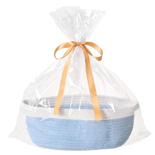 Image of Small Woven Gift Basket Empty with Bag & Ribbon, Storage Basket for Father's Day for Dad, Baby Shower, Raffle, Birthday, Cute Organizer with Handles, 12 inchx8 inchx5 inch, Blue&White