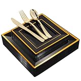 WDF 125Pieces Black Square Plastic Plates with Gold Rim Gold Disposable Silverware - include 25Pcs Dinner Plates,25Pcs Dessert Plates,25 Forks, 25 Knives, 25 Spoons for New Year