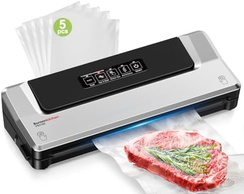 Bonsenkitchen Vakuumiergerät, Sous Vide Folienschweißgerät,5 Beutel | Vakuumierer für Sous-Vide-Kochen, Lebensmittel Bleiben bis zu 6x Länger Frisch, Inklusive 5 Vakuumbeutel,Slibe
