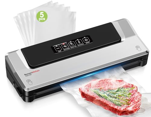 Bonsenkitchen Vakuumiergerät, Vakuumierer Folienschweißgerät für Sous Vide Kochen und Lebensmittel Bleiben bis zu 6x Länger Frisch, 5 Vakuumbeutel Inklusive (Sliber)