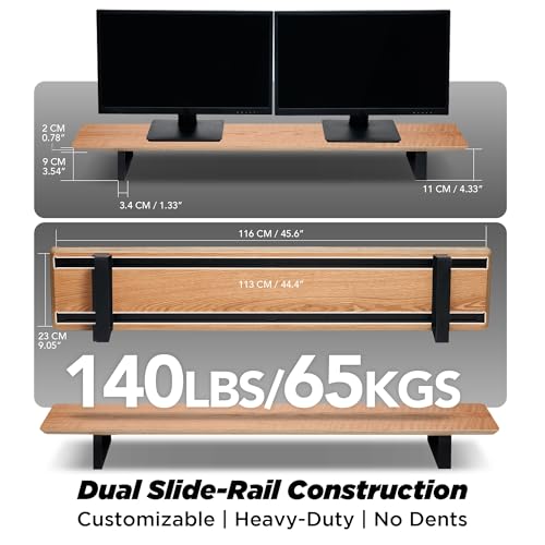 Image of ULTRARM Heavy Duty Ultrawide Monitor Arm White with Moodular Wooden Monitor Stand Large Desk Organizer Oak