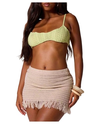 MakeMeChic Women's Crochet Skirt Low Waist Fringe Knit Bodycon Summer Short Skirts