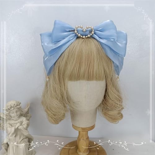 大リボン カチューシャ ロリータ髪飾り 大きい蝶結び ヘッドドレス 立つ姿 パール ハート ヘアアクセサリー パーティー ハロウィン 宴会 学園祭 蝶結び かわいい コスプレ (F,ブルー)