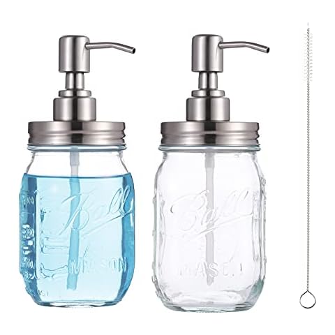 Aitmexcn 2 Pack Glass Soap Dispensers Jars, 16 Oz Refillable Shampoo and Conditioner Bottles with Stainless Steel Pump, Clear Glass Dispenser Bottle for Lotions, Shampoo, Conditioner, all Liquid Cover