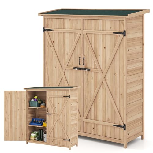 RELAX4LIFE - Caseta de jardín de madera, 127 x 47 x 163 cm, cabaña de jardín con techo de asfalto inclinado, estantes desmontables, doble puerta con cerradura para exterior trasero, patio trasero