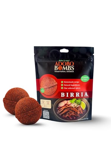 Birria Bomb | Adobo Bomb Seasoning - 2 pack | Made with About 25 Pulverized Peppers and Multiple fresh Natural Mexican Ingredients -Prepares in 3 Eazy steps -Home made recipe -Fine Selected Spices - No artificial flavors | 4 Flavors -Birria-Menudo-Pozole-Mariscos