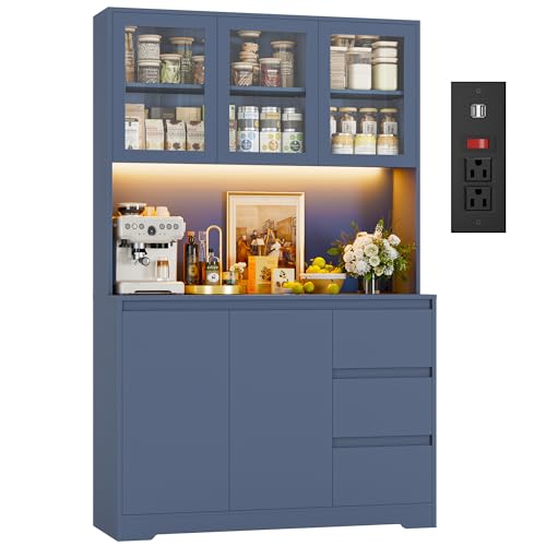 FINETONES 71' Kitchen Pantry Cabinet with LED Lights and Charging Station, Modern Kitchen Hutch Cabinets with Storage and Microwave Stand, Pantry Cabinet Buffet with Countertop, Blue