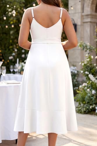 Image of Pinup Fashion Plus Size Cocktail Party Wedding Guest Semi Formal Midi Dress | Sexy V-neck, adjustable spaghetti strap, belted waist, fit and flare, flowy high-low ruffle hem, ideal for prom, homecoming