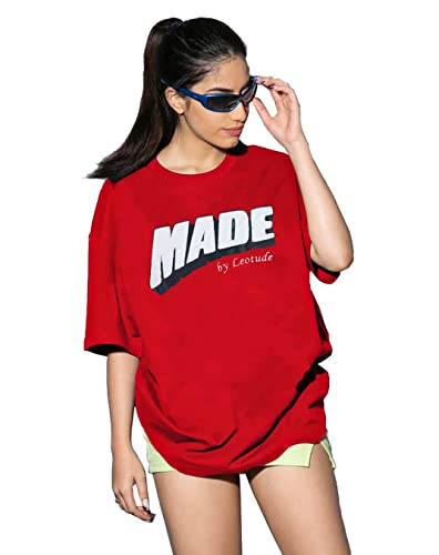 LEOTUDE Women's Cottonblend Half Sleeve Oversized Drop Shoulder T-Shirt (Color Red)