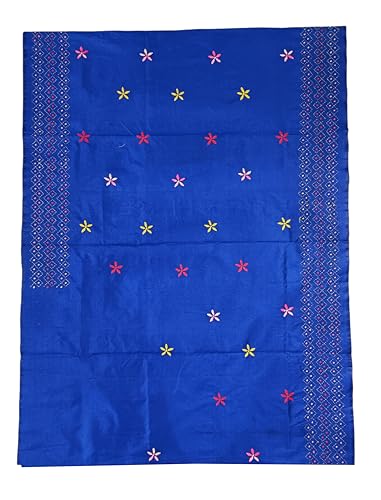 Image of SHRISTI CLOTHINGS Women's Hand Embroidered Cotton Silk Kantha Stitch Saree with Blouse Piece (SB4200924 BLUED75)