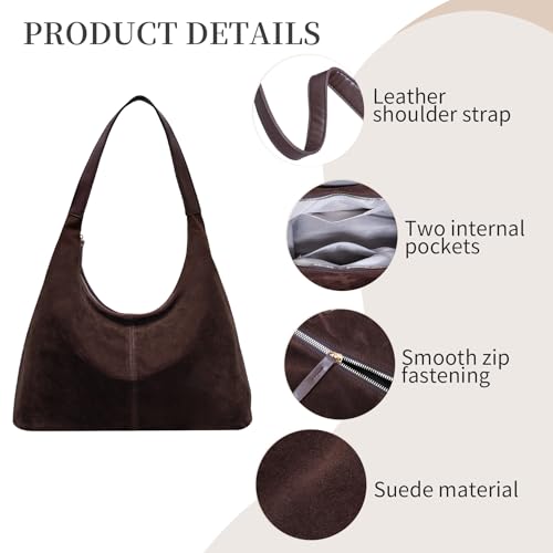Larcenciel Brown Suede Leather Hobo Shoulder Bag, Trendy Large Capacity Slouchy Tote Handbags with Zipper Closure & Strap - Image 6