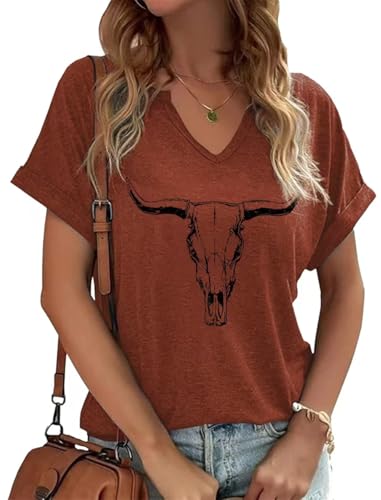 Summer Sexy V-Neck Vintage Western Rodeo Cowboy Steer Skull Shirt for Women Casual Boho Cowgirl Boots Graphic Tees(25-e-Brown,L)
