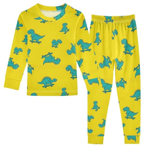 Pajama Sets Long Sleeve Dinosaurs Skateboarding Yellow Soft Comfy Sleepwear 2 Piece PJS 3-8T