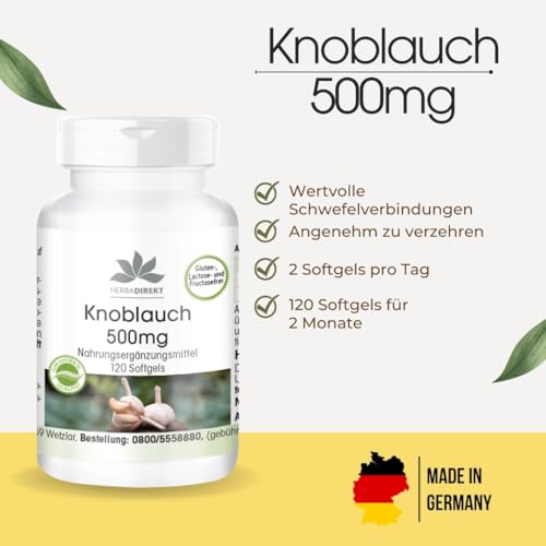Knoblauch 500 mg - 120 Softgels für 2 Monate - Allium sativum | HERBADIREKT by Warnke Vitalstoffe - Deutsche Apothekenqualität