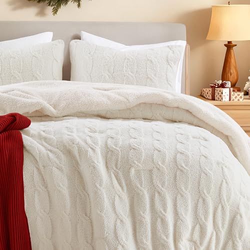 Madison Park Ellis Cable Knit Comforter Set – Soft Fluffy Chenille with Sherpa Reverse, Cozy Sweater-Inspired Texture, Oeko-Tex Certified,King, Ivory