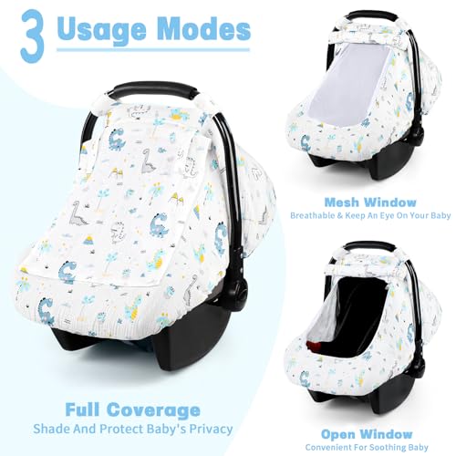 Image of Car Seat Cover Baby, HNHUAMING Muslin Cotton Carseat Covers for Babies Girls Boys Summer Infant Car Seat Covers Canopy, Cozy Newborn Carseat Covers Stroller Cover with Breathable Mesh Window, Dinosaur
