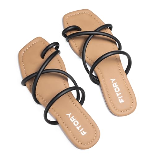 FITORY Women's Slide Sandals Flat Toe Ring Thongs with Cross Strap for Summer Size 6 Black